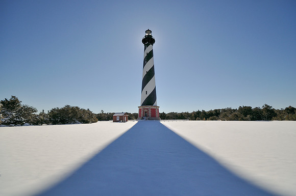 Cape Hatteras Lighthouse in the snow, an unusual sight.