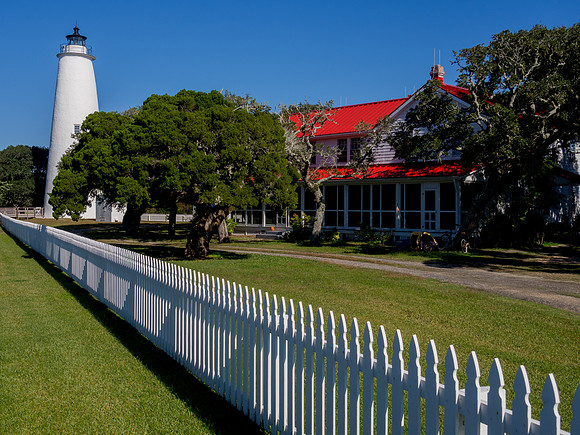 Ocracoke Lighthouse under a blue sky