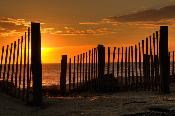 Sunrise through sand fencing, Kitty Hawk, NC