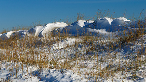Wind-blown snow covers the Pea Island dunes